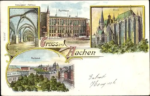 Litho Aachen, Dom, Rathaus, Burtscheid, Krönungssaal im Rathaus