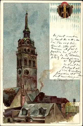 Künstler Litho Kley, Heinrich, München Bayern, Petersturm und Münchner Kindl