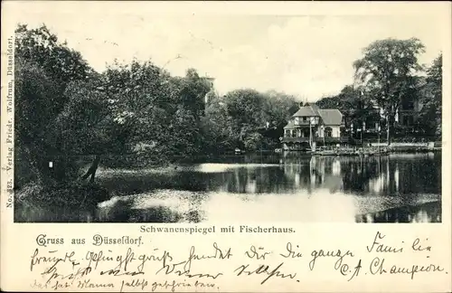 Ak Düsseldorf am Rhein, Schwanenspiegel mit Fischerhaus