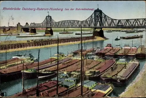 Ak Homberg Ruhrort Duisburg im Ruhrgebiet, Rheinbrücke an der Ruhrmündung, Schiffe