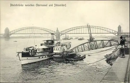 Ak Oberkassel Düsseldorf am Rhein, Rheinbrücke, Schiff