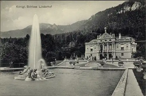 Ak Linderhof Ettal Oberbayern, Königliches Schloss, Springbrunnen