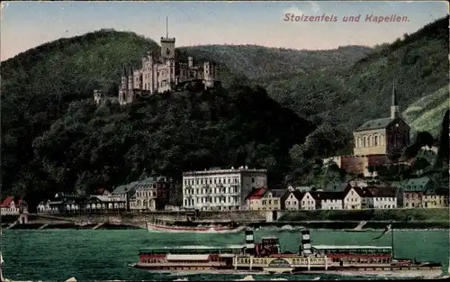 Ak Stolzenfels Koblenz am Rhein, Kapellen, Raddampfer