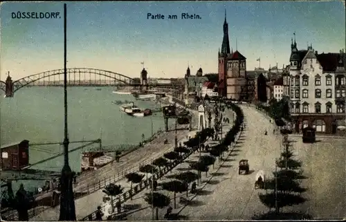 Ak Düsseldorf am Rhein, Partie am Rhein, Brücke, Allee