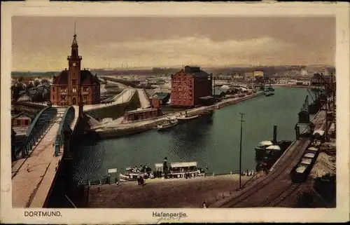 Ak Dortmund Ruhrgebiet, Hafen, Brücke, Dampfer