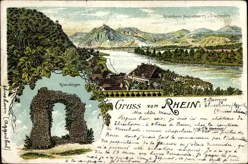 Litho Rolandseck Remagen am Rhein, Rolandsbogen, Nonnenwerth, Drachenfels