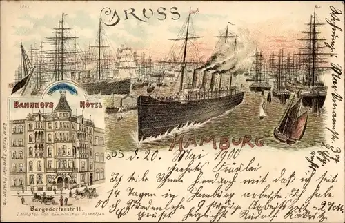 Litho Hamburg Mitte Altstadt, Bahnhofshotel, Hafen