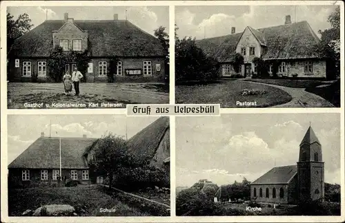 Ak Uelvesbüll Nordfriesland, Gasthof Kirchspielkrug von Erika und Karl Petersen, Pastorat, Schule