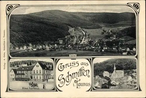 Ak Schmitten im Taunus Hessen, Totalansicht, Kirche, Kurhaus