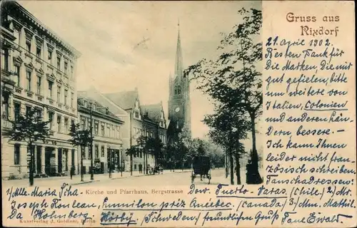 Ak Berlin Neukölln Rixdorf, Kirche, Pfarrhaus, Bergstraße