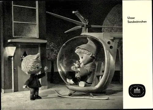 Ak Unser Sandmännchen, Sandmann, DDR Kinderfernsehen, Hubschrauber
