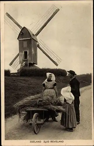 Ak Zuid Beveland Zeeland Niederlande, Windmühle, Schubkarre, Niederländische Tracht
