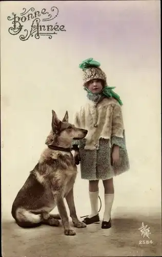 Ak Glückwunsch Neujahr, Mädchen und Schäferhund, Freundschaft