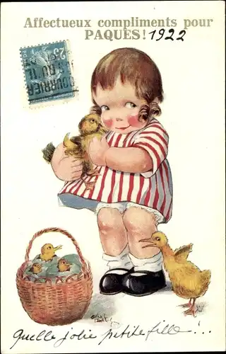Künstler Ak Glückwunsch Ostern, Mädchen, Entenküken, Korb