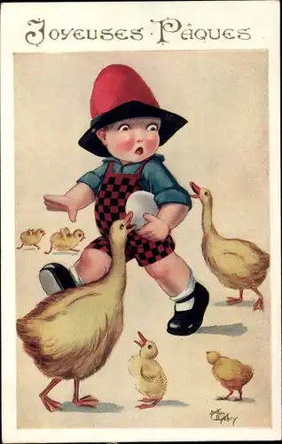 Künstler Ak Glückwunsch Ostern, Mädchen, Entenküken, Ei, Diebstahl
