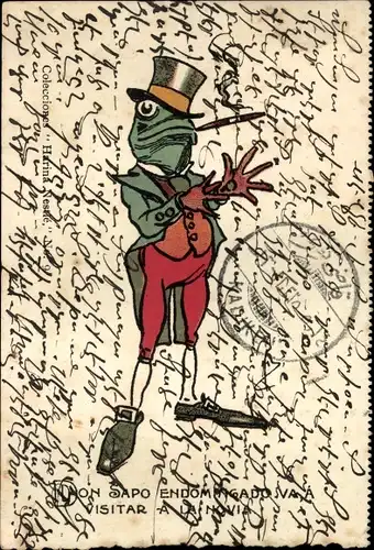 Ak Elegant gekleideter Frosch mit Zigarre, Handschuhe, Zylinder