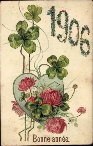 Präge Ak Glückwunsch Neujahr 1906, Blumen, Glücksklee