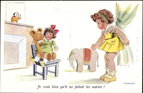 Künstler Ak Janser, Mädchen, Teddy, Puppe