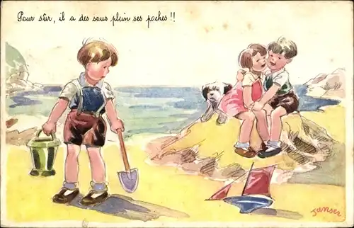 Künstler Ak Janser, Kinder am Strand, Sandburg