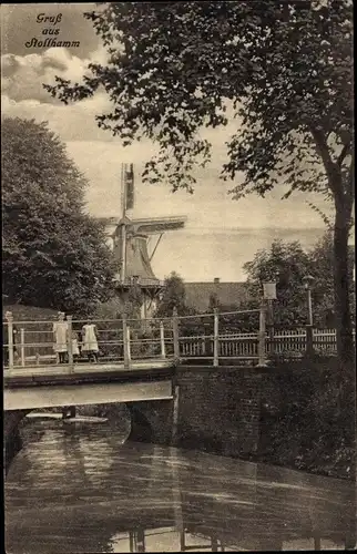 Ak Stollhamm Butjadingen Wesermarsch, Flusspartie, Blick zur Windmühle