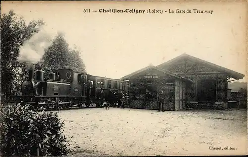 Ak Châtillon Coligny Loiret, La Gare du Tramway, Eisenbahn, Bahnhof, Gleisseite, Dampflok