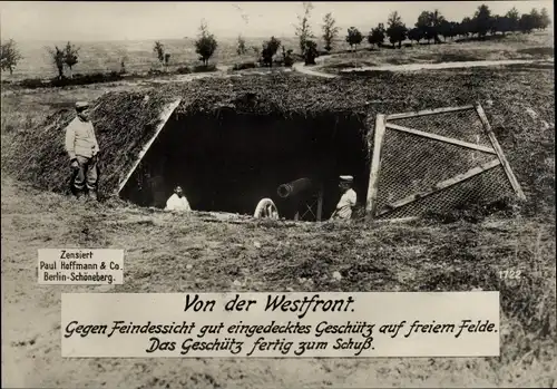 Ak Westlicher Kriegsschauplatz, getarntes Geschütz fertig zum Schuss, I WK