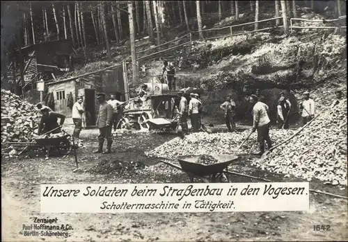 Ak Vogesen, deutsche Soldaten beim Straßenbau, Schottermaschine, I WK