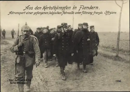Ak Herbstkämpfe in Flandern, Abtransport kriegsgefangener belgischer und französischer Soldaten,I WK