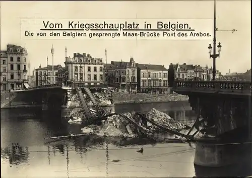 Ak Belgien, Kriegsschauplatz, gesprengte Maasbrücke Pont des Arebos, I WK