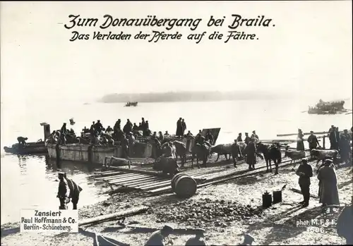 Ak Brăila Rumänien, Donauübergang, Verladen der Pferde auf die Fähre, I WK