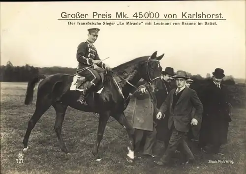 Ak Berlin Lichtenberg Karlshorst, Großer Preis Mk 45000, Sieger Leutnant von Braune mit Le Miracle