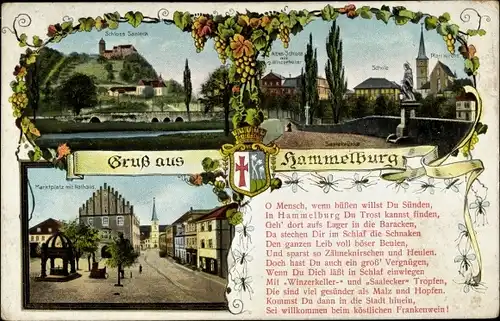 Ak Hammelburg in Unterfranken Bayern, Schloss Saaleck, Schule, Pfarrkirche, Marktplatz, Wappen