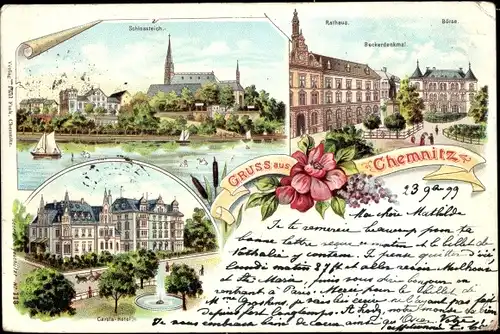 Litho Chemnitz Sachsen, Schlossteich, Rathaus, Becker Denkmal, Börse