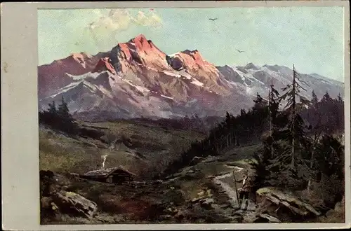 Künstler Ak Gebirgslandschaft, Wanderer