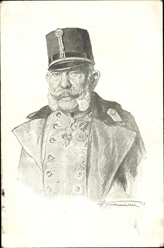 Künstler Ak Kaiser Franz Joseph I., Uniform, Tschako, Mantel