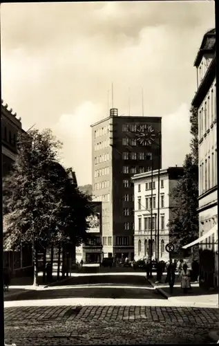 Ak Gera in Thüringen, Hochhaus, Straßenpartie, Turmuhr