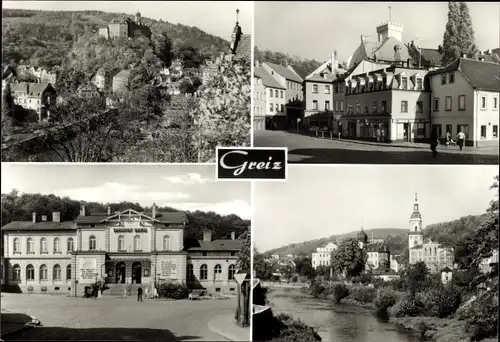 Ak Greiz im Vogtland, Blick zum Oberen Schloss, Puschkinplatz, Bahnhof, Unteres Schloss, Kirche