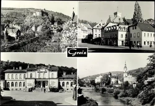 Ak Greiz im Vogtland, Blick zum Oberen Schloss, Puschkinplatz, Bahnhof, Unteres Schloss, Kirche