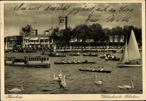 Ak Hamburg Nord Uhlenhorst, Uhlenhorster Fährhaus, Ruderboote, Schiff, Segelboot, Turm