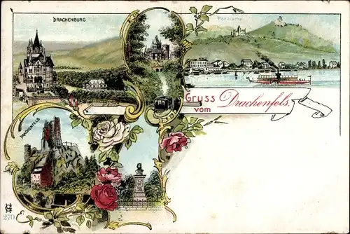 Litho Königswinter am Rhein, Drachenfels, Drachenburg, Panorama