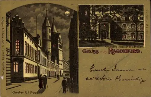 Mondschein Litho Magdeburg an der Elbe, Kloster U. L. Frauen, Kreuzgang