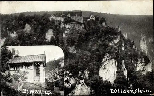 Ak Beuron Württemberg, St. Maurus Kapelle, Blick zur Burg Wildenstein