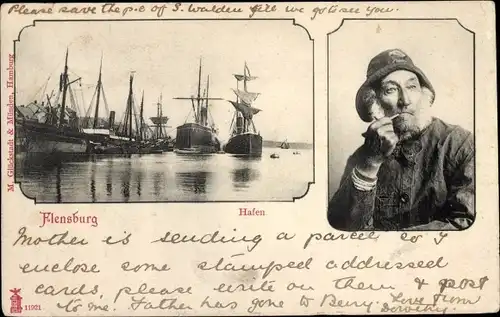 Ak Flensburg in Schleswig Holstein, Hafen, Schiffe, Portrait Seemann mit Pfeife