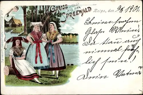 Litho Leipe Lübbenau im Spreewald, Frauen in Tracht