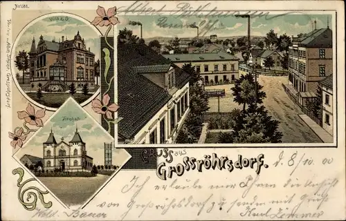 Litho Großröhrsdorf in Sachsen, Villa, Turnhalle, Straßenpartie