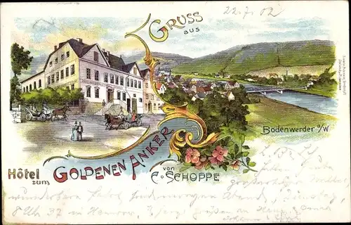 Litho Bodenwerder an der Weser, Hotel zum Goldenen Anker