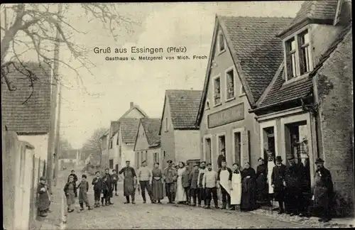 Ak Essingen in der Pfalz, Gasthaus und Metzgerei Mich. Frech, Anwohner