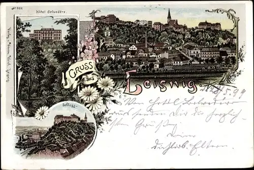 Litho Leisnig in Sachsen, Schloss, Hotel Belvedere, Stadtpanorama