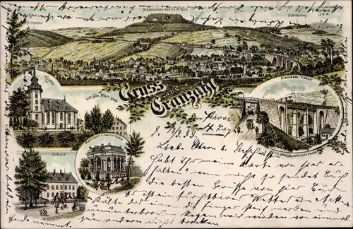 Litho Cranzahl Sehmatal im Erzgebirge, Kirche, Schule, Mausoleum, Eisenbahnviadukt, Panorama