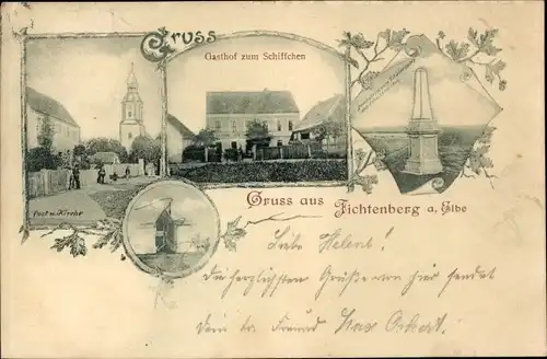 Ak Fichtenberg Mühlberg an der Elbe, Post, Kirche, Gasthof zum Schiffchen, Denkmal